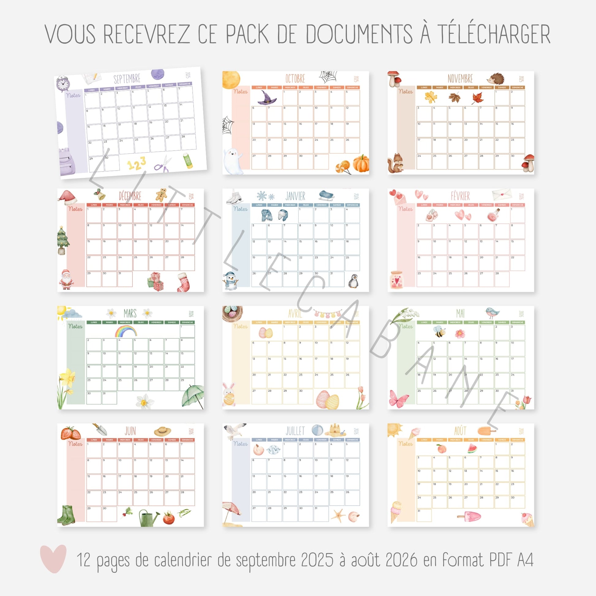 Calendrier 2025-2026 mensuel Little Cabane