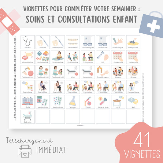 Vignettes semainier enfant, Pictogrammes soins, consultations, rendez-vous médicaux