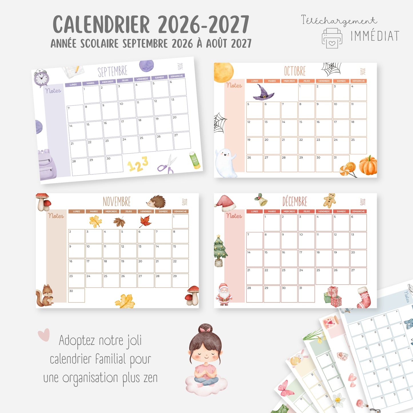 Calendrier mensuel année scolaire 2026-2027
