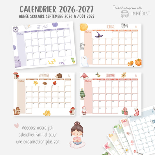 Calendrier mensuel année scolaire 2026-2027