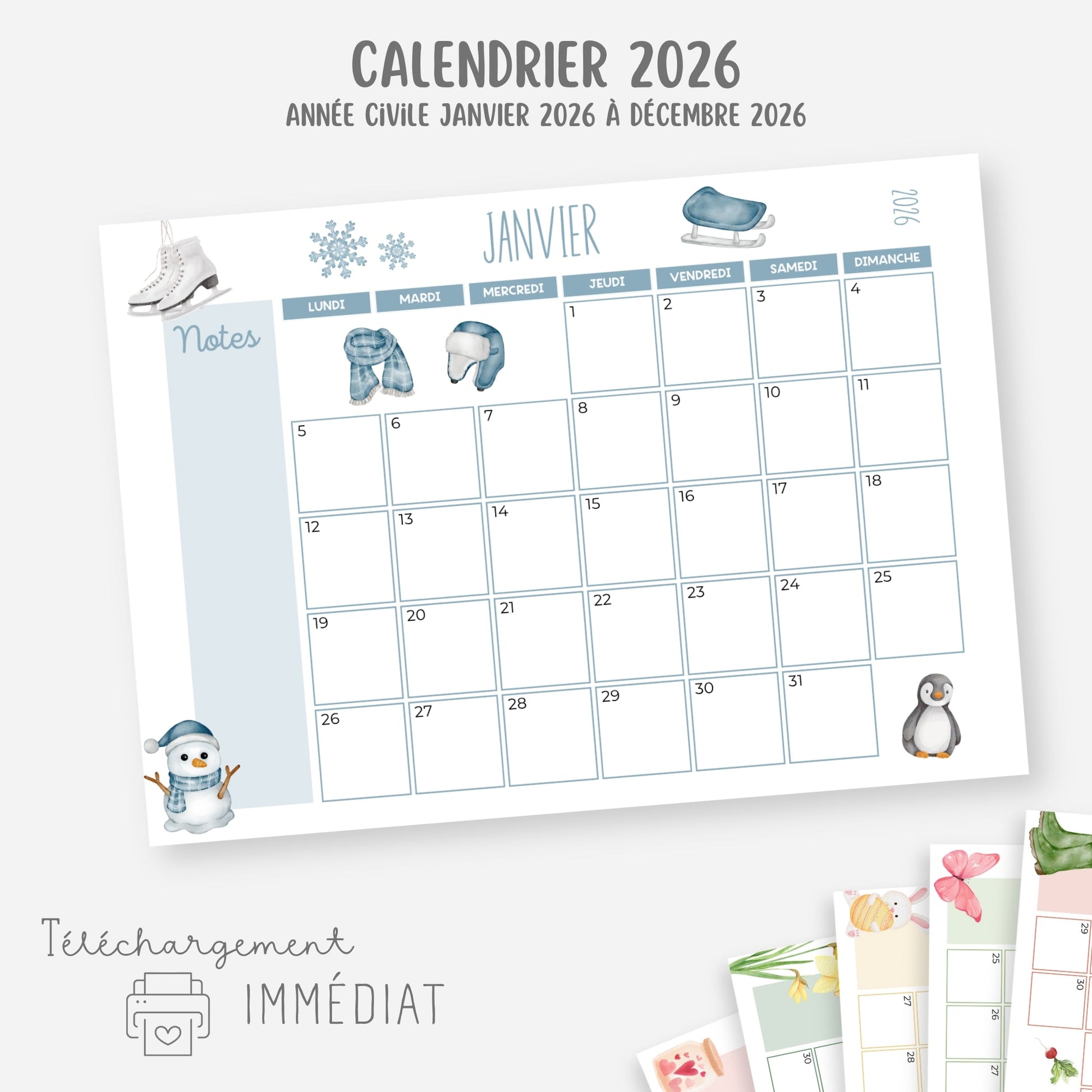 Calendrier année civile 2026 mensuel Little Cabane