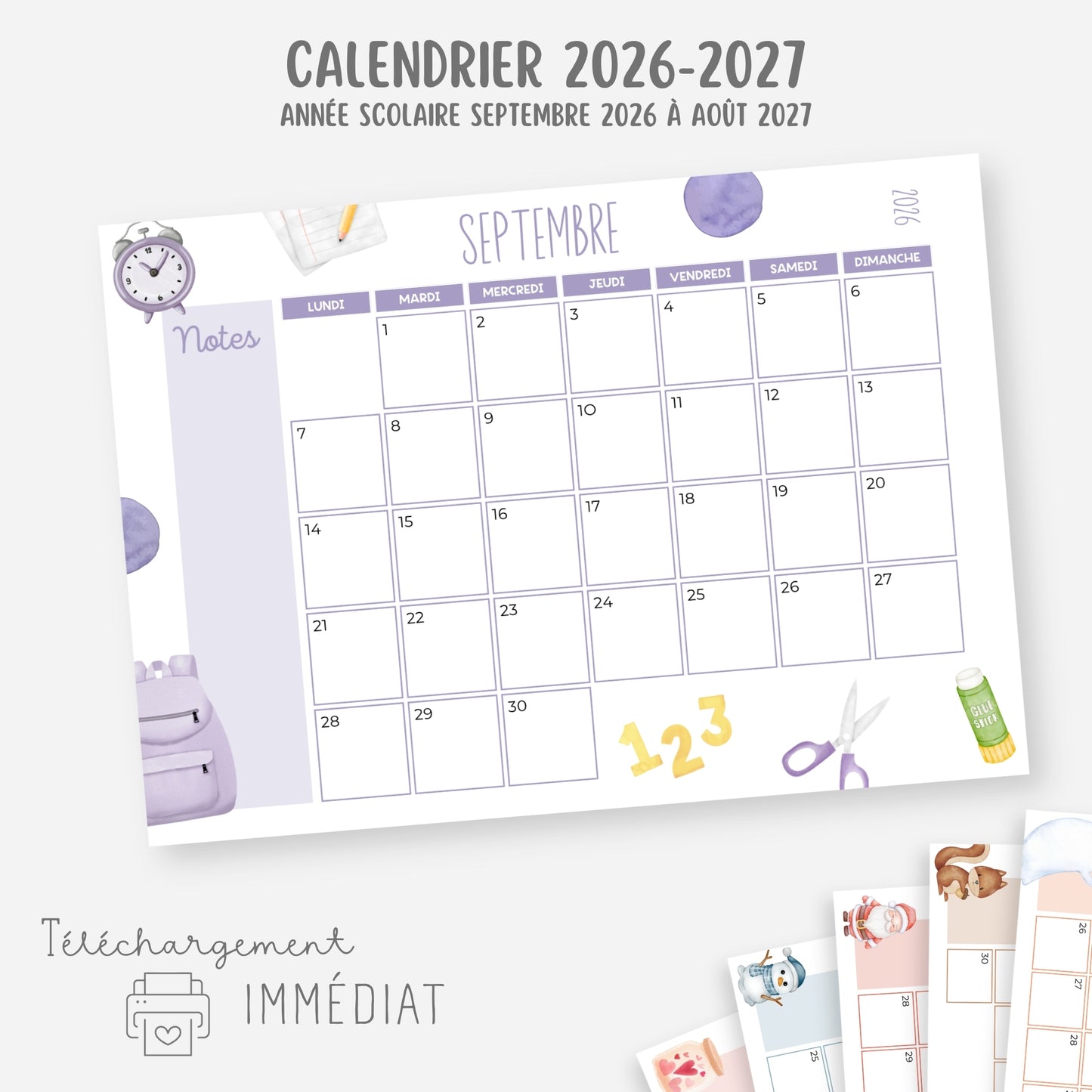 Calendrier mensuel année scolaire 2026-2027