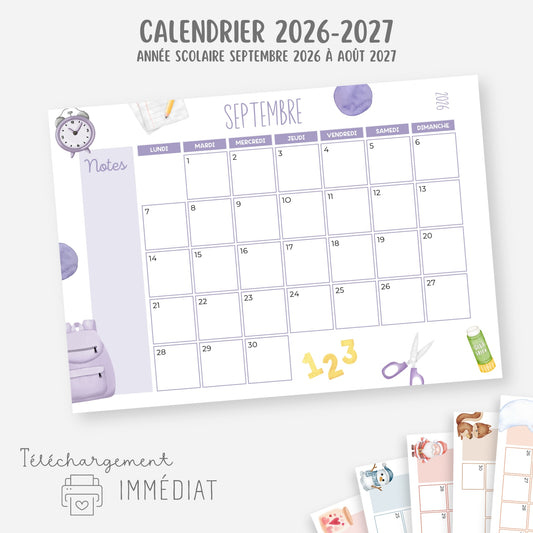 Calendrier mensuel année scolaire 2026-2027