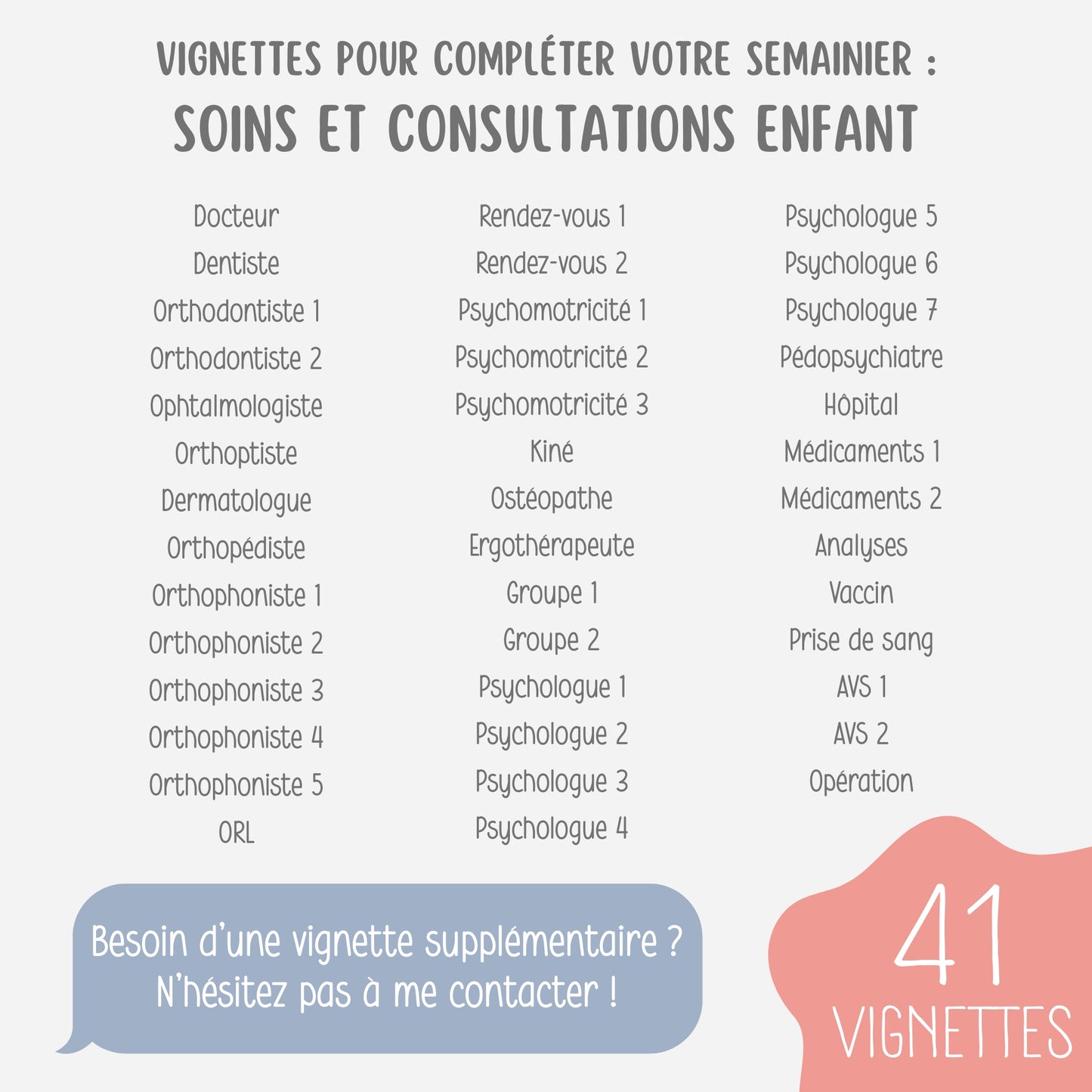 Vignettes semainier enfant, Pictogrammes soins, consultations, rendez-vous médicaux
