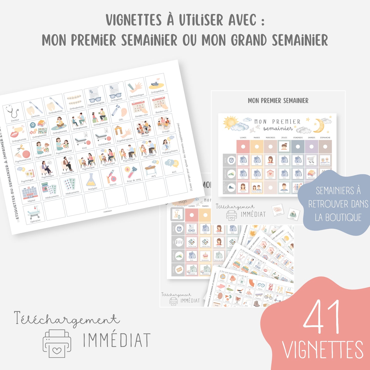 Vignettes semainier enfant, Pictogrammes soins, consultations, rendez-vous médicaux