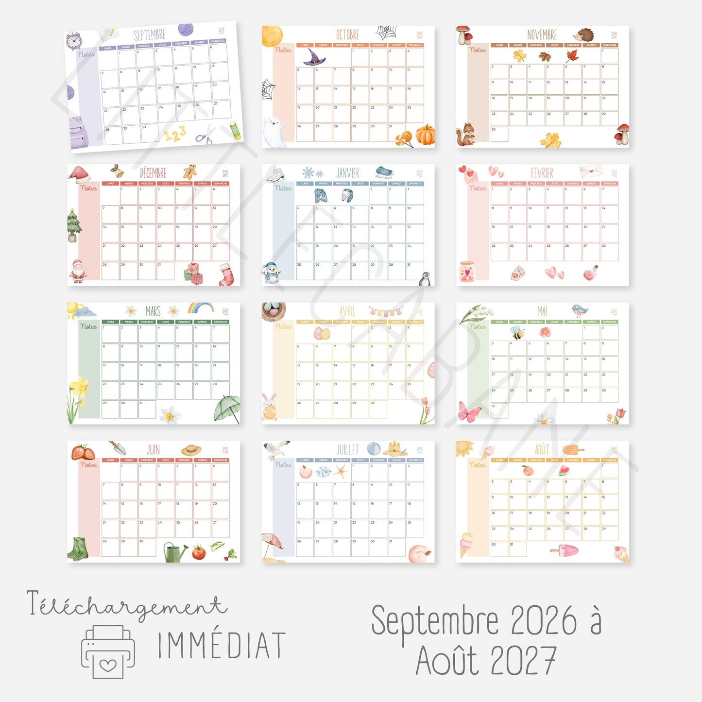 Calendrier mensuel année scolaire 2026-2027