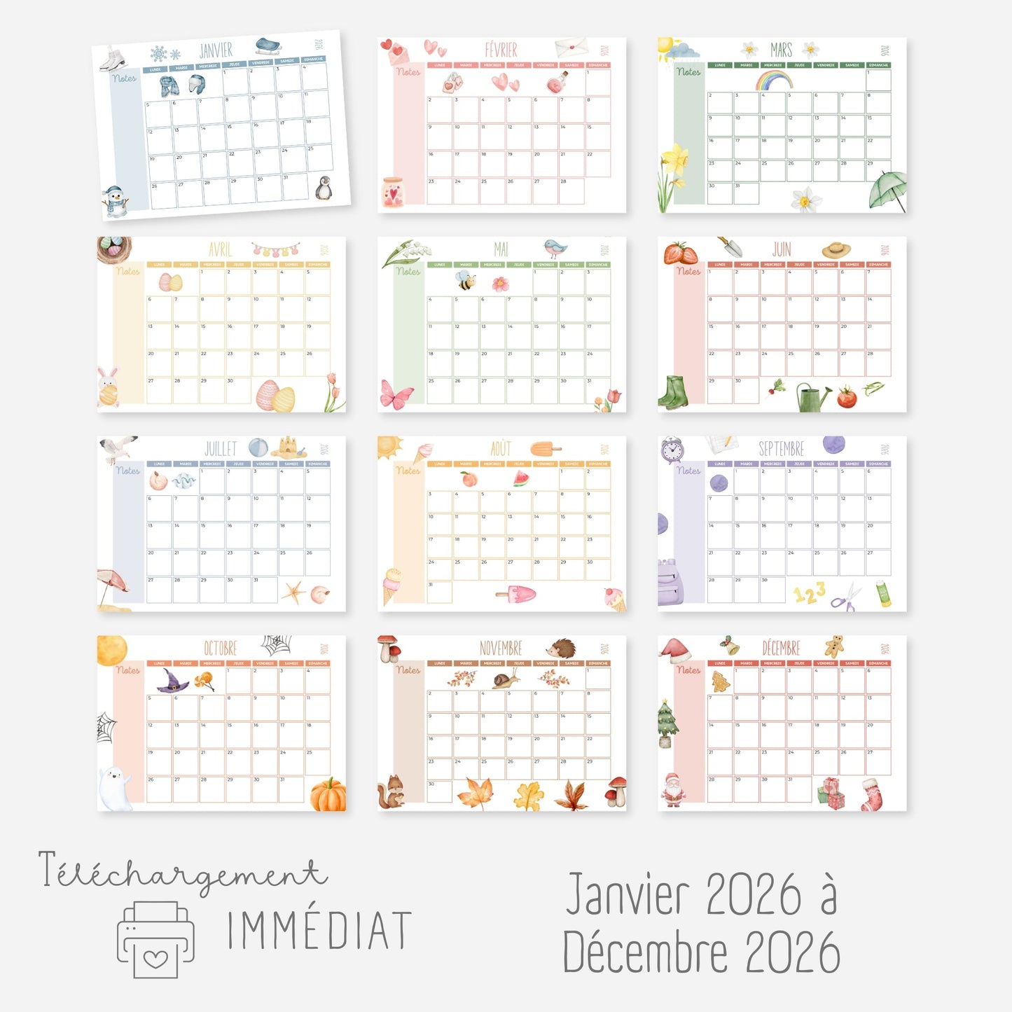 Calendrier année civile 2026 mensuel Little Cabane