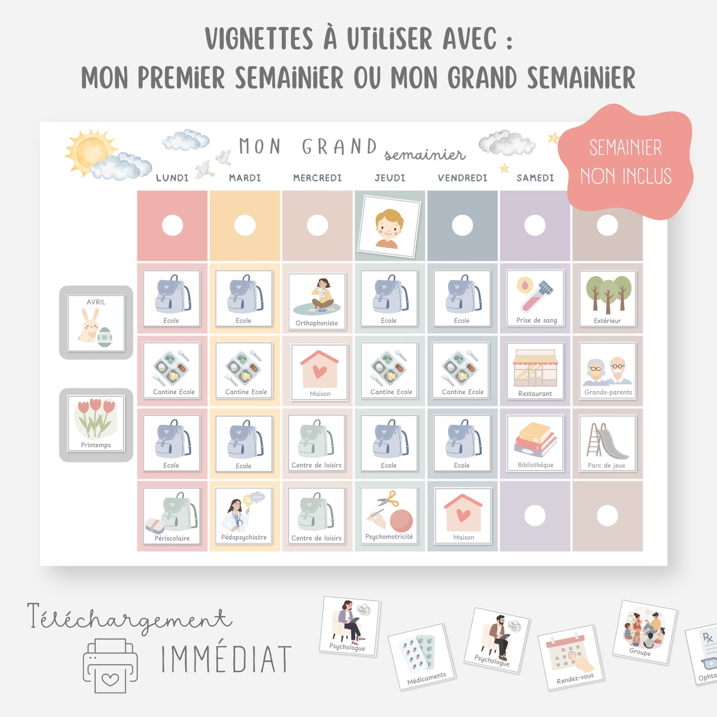 Vignettes semainier enfant, Pictogrammes soins, consultations, rendez-vous médicaux