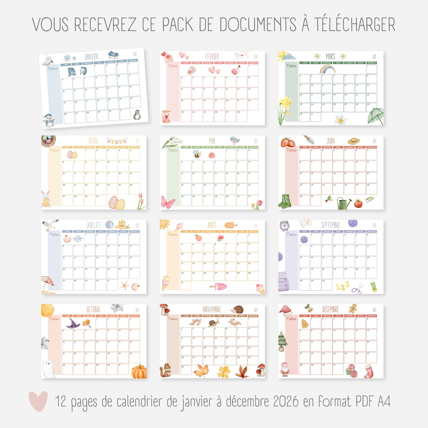 Calendrier année civile 2026 mensuel Little Cabane