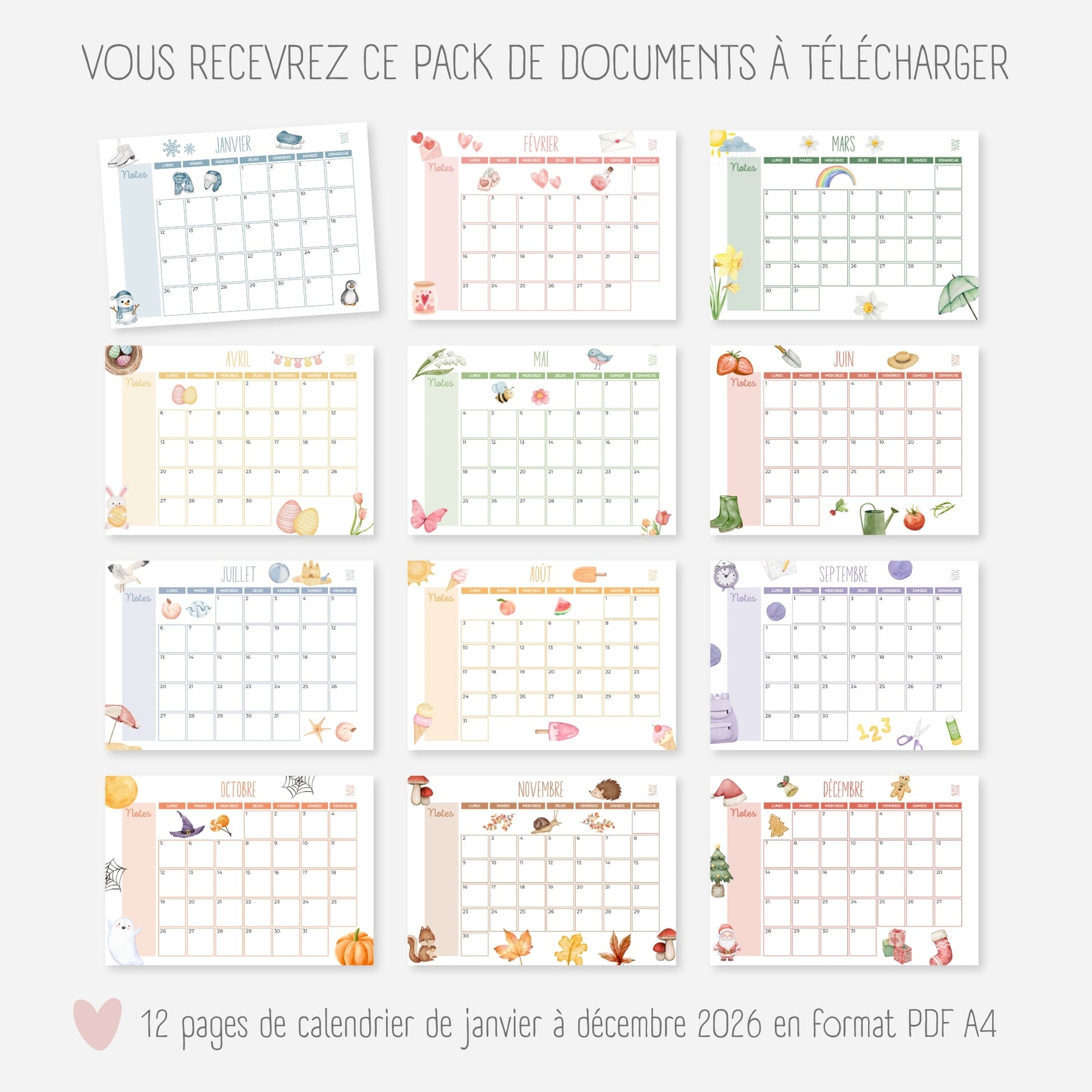 Calendrier année civile 2026 mensuel Little Cabane