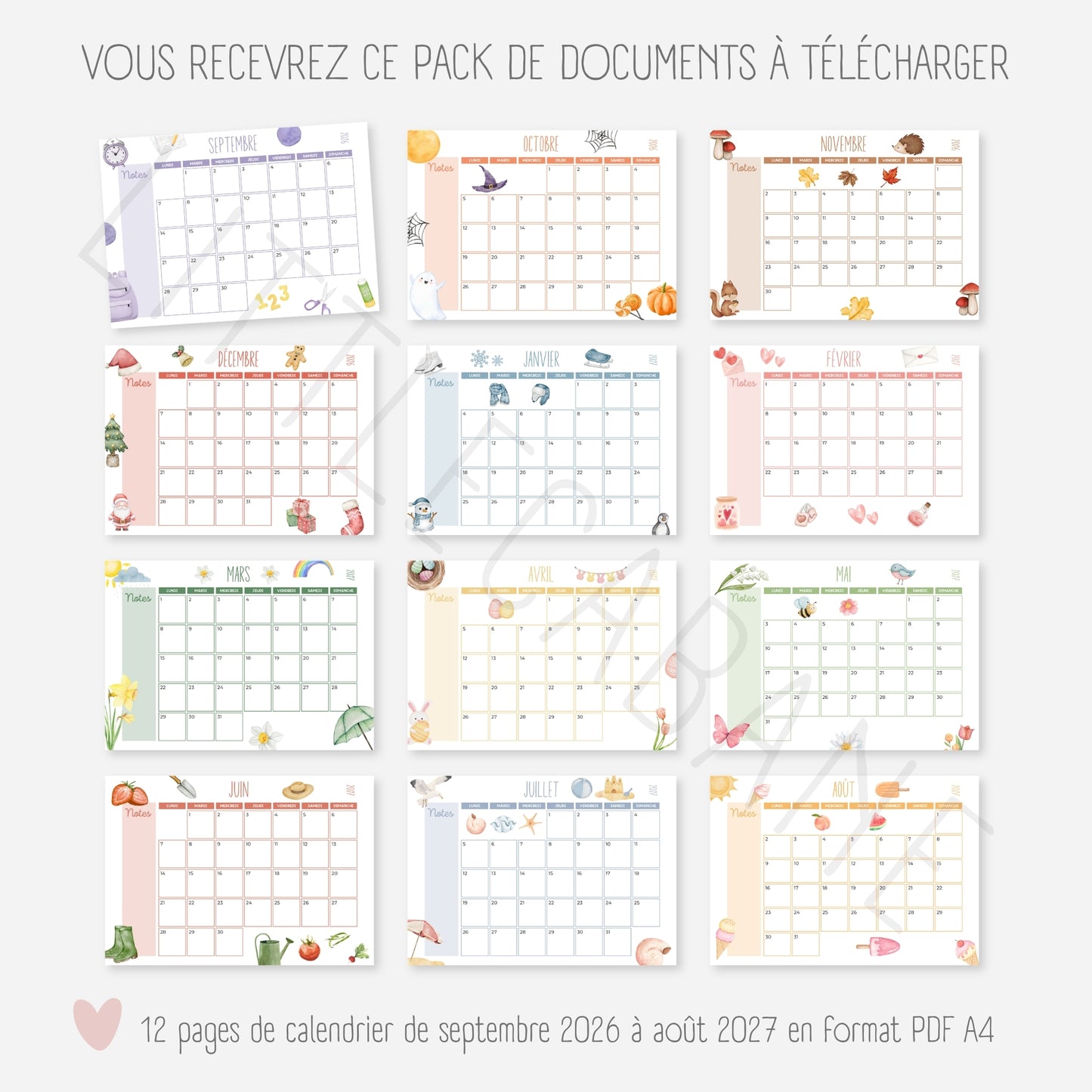 Calendrier mensuel année scolaire 2026-2027