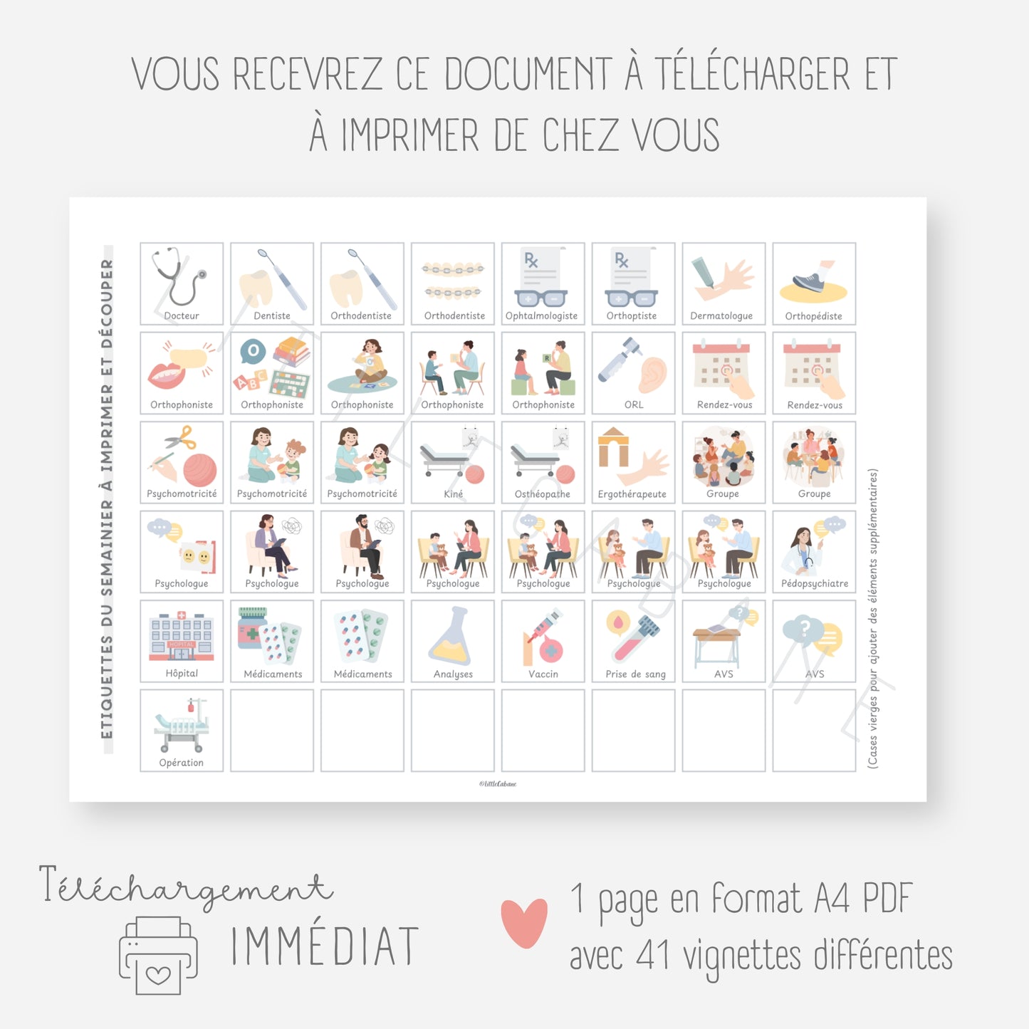Vignettes semainier enfant, Pictogrammes soins, consultations, rendez-vous médicaux
